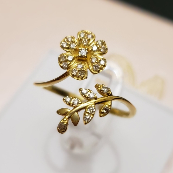 18K Solid Yellow Gold Flower Open Ring - Picture 1 of 10